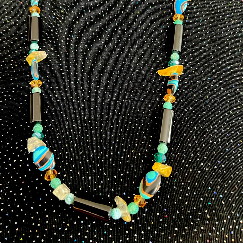 27” Onyx & Crystal Necklace w/ Black, Blue & Topaz colors. Handmade NWOT